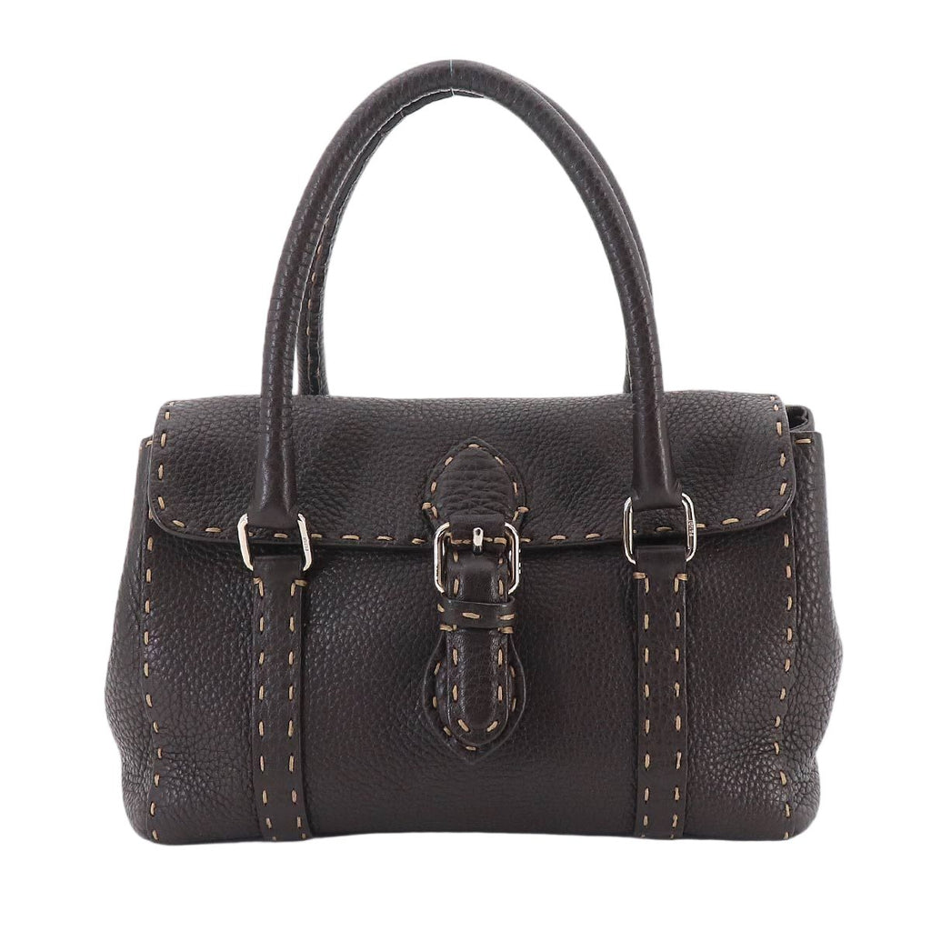 Fendi Selleria Mini Linda Hand Bag Leather Dark Brown Silver