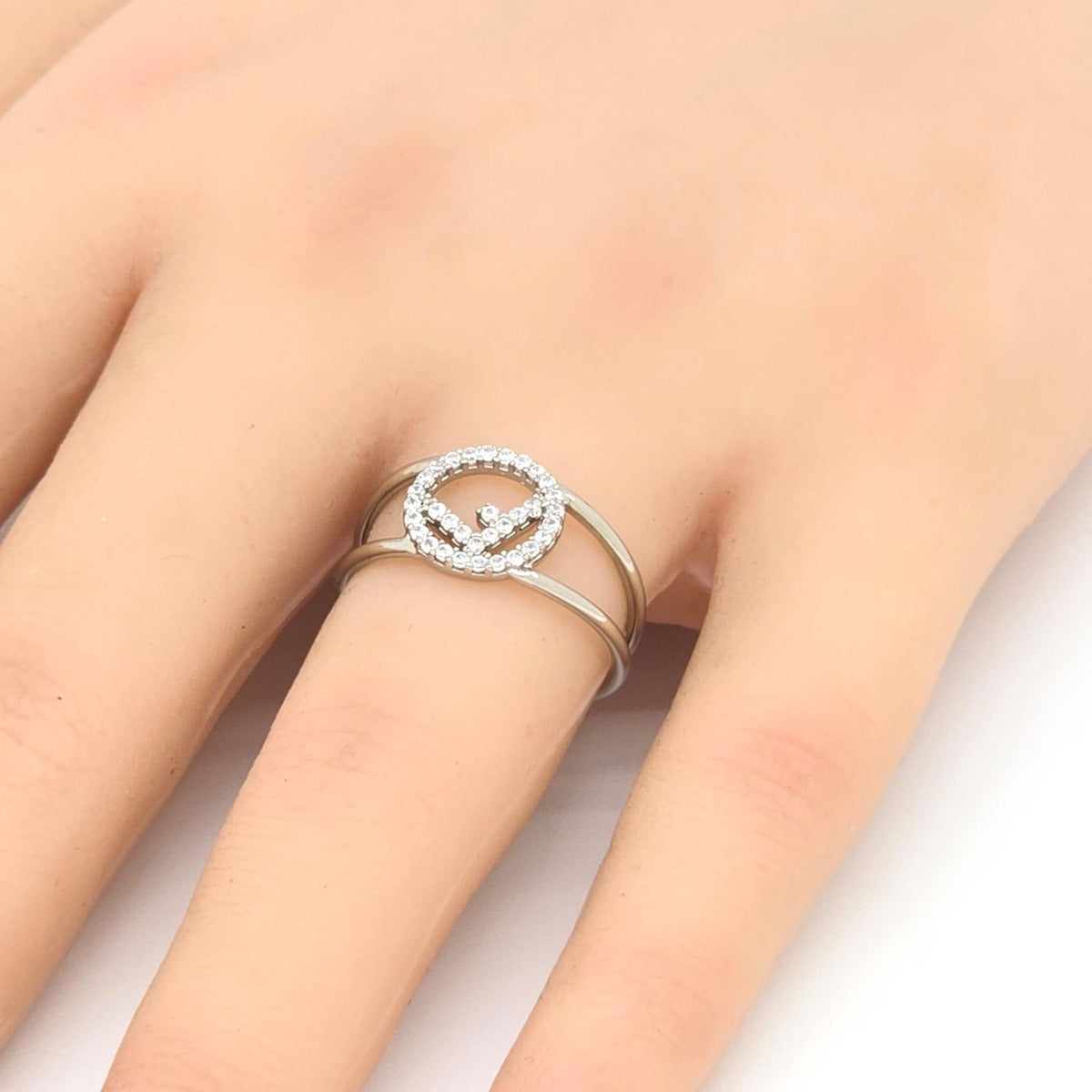 Fendi Is Ring M Crystal Silver Color Metal