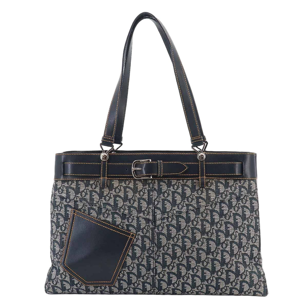 Dior Trotter Tote Canvas Leather Navy Silver