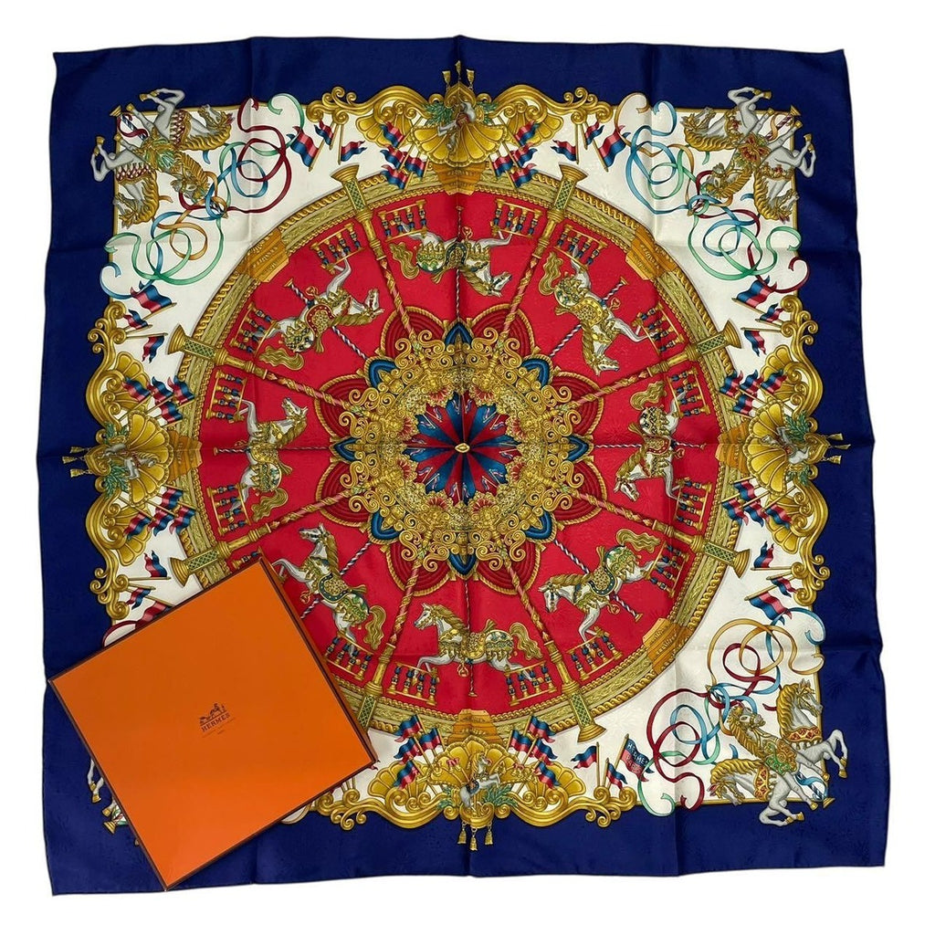 Hermes Carre 90 Scarf Silk Luna Park Amusement Merigo Land Navy