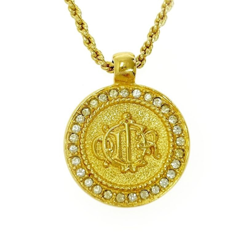 Dior GP Rhinestone Emblem Round Necklace Gold — view 2