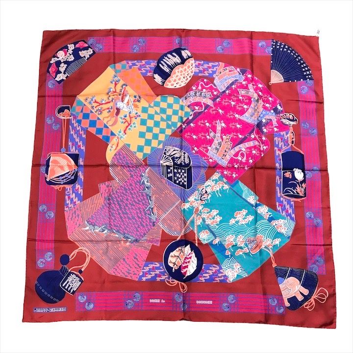 Hermes Carre 90 Scarf Silk 100% Kimono and Inro Red — view 3