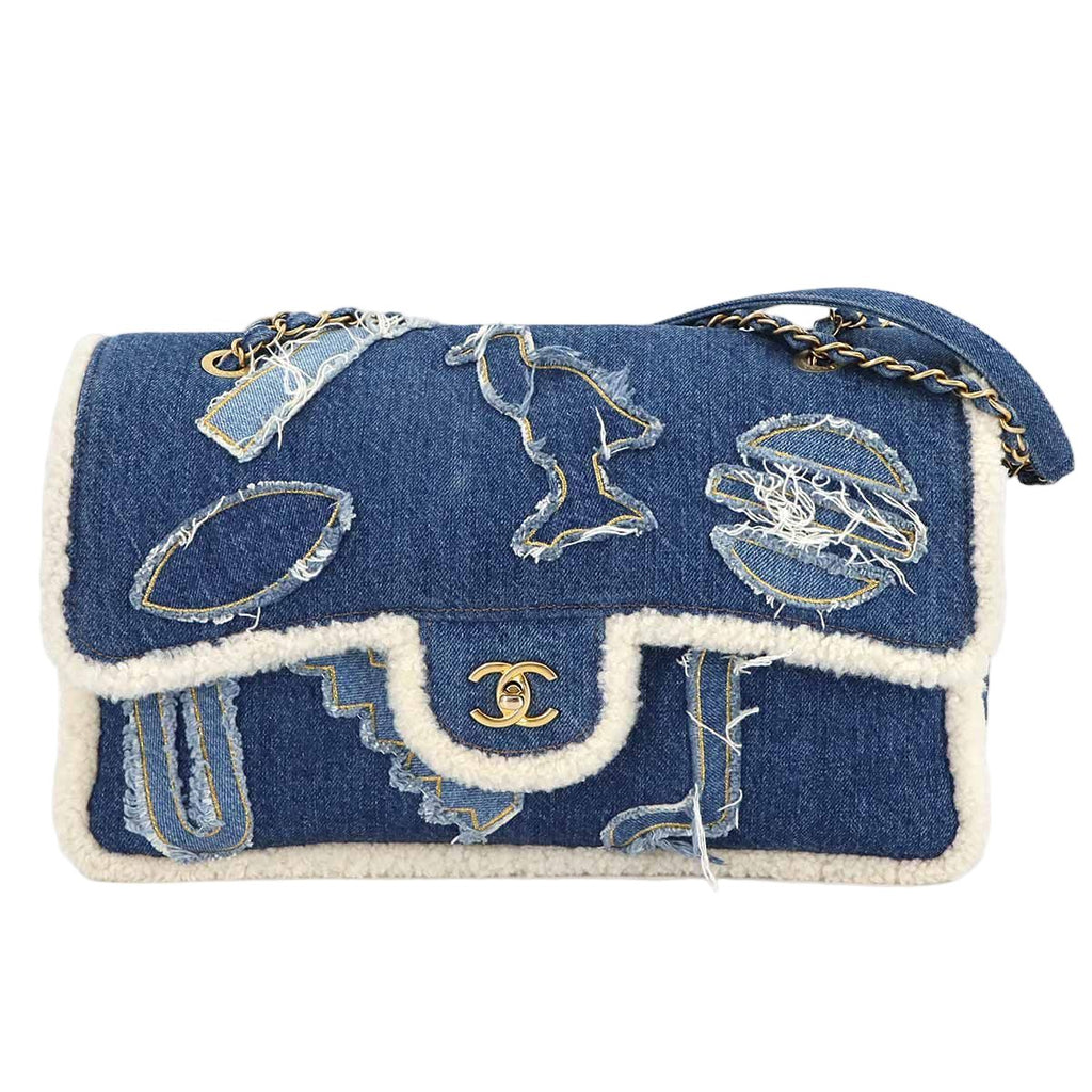 Chanel Egypt Chain Shoulder Bag Denim Shearling Blue Gold