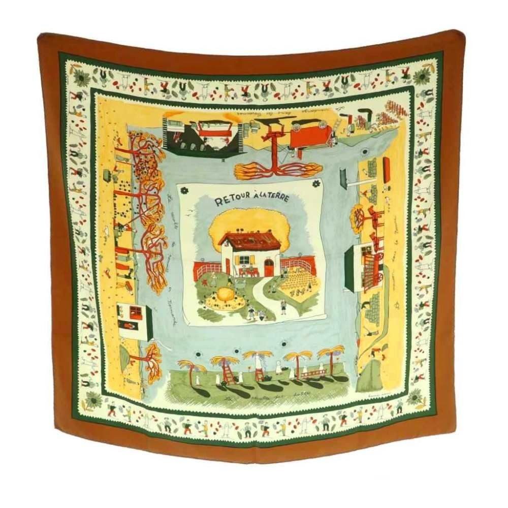 Hermes Carre 90 Retour a la Terre Return to Scarf Silk All Over Pattern Brown