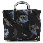 Prada Flower Floral Pattern Rose Tote 2-Way Shoulder Bag Nylon Nero Black Blue
