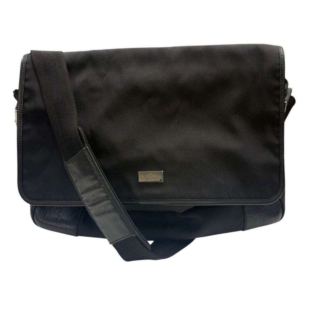 Gucci GG Embossed Black Silver Nylon Leather Shoulder Bag