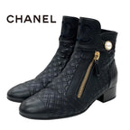 Chanel Boots Short Shoes Coco Mark Pearl Quilting Leather Black