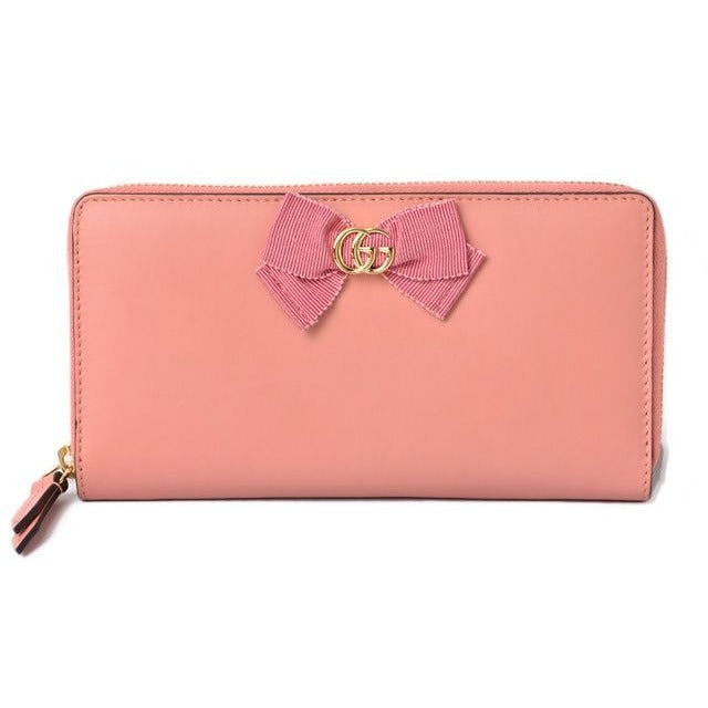 Gucci Long Wallet Round Zipper GG Marmont Ribbon Pink