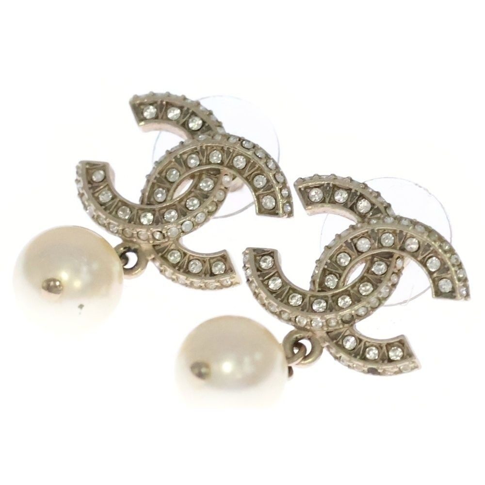 Chanel Pearl Logo Rhinestone CC Earrings White Gold