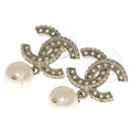 Chanel Pearl Logo Rhinestone CC Earrings White Gold