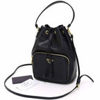 Prada Duet Bucket Bag 2-Way Shoulder Drawstring Soft Calf Saffiano Leather Nero