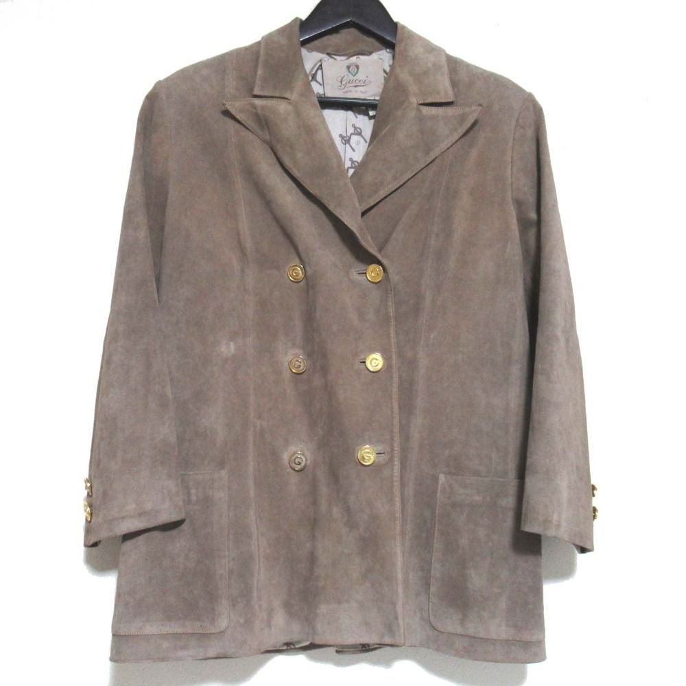 Gucci Vintage Logo Button Double Breasted Suede Leather Jacket 48 Beige