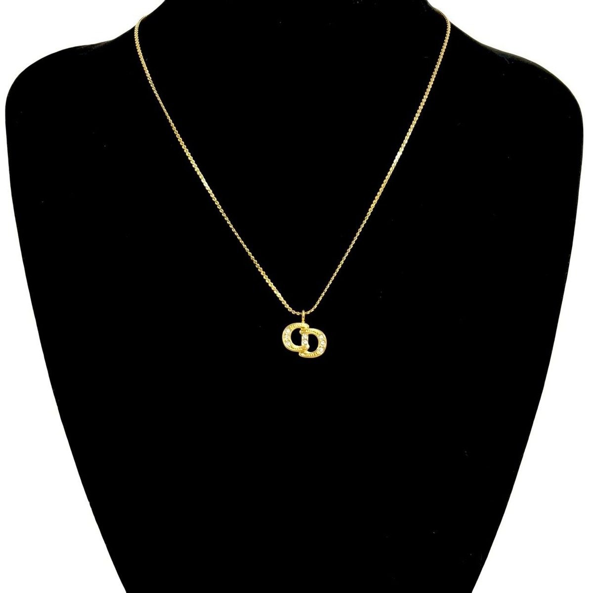 Dior CD Logo Motif Rhinestone Necklace Pendant Gold — view 2