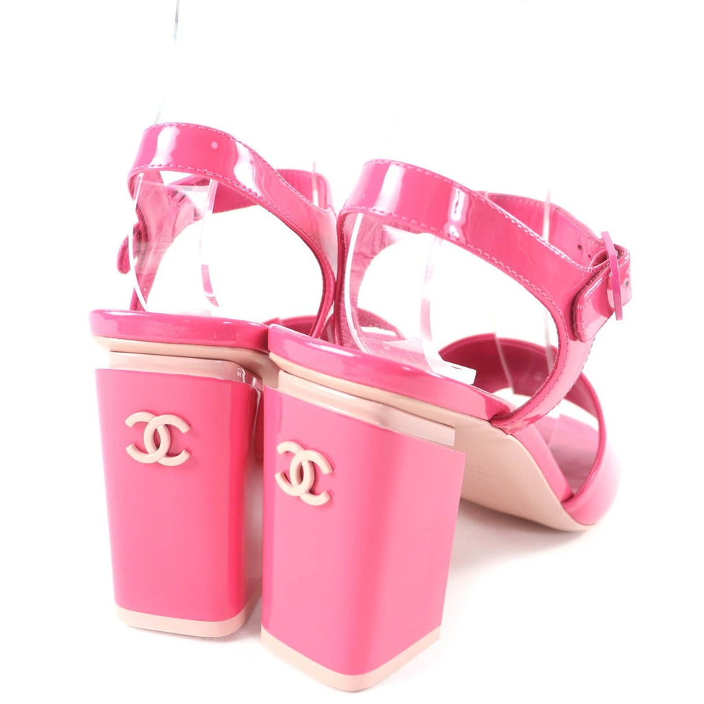 Chanel CC Logo Ankle Strap Chunky Heel Patent Leather Sandals Pink — view 2