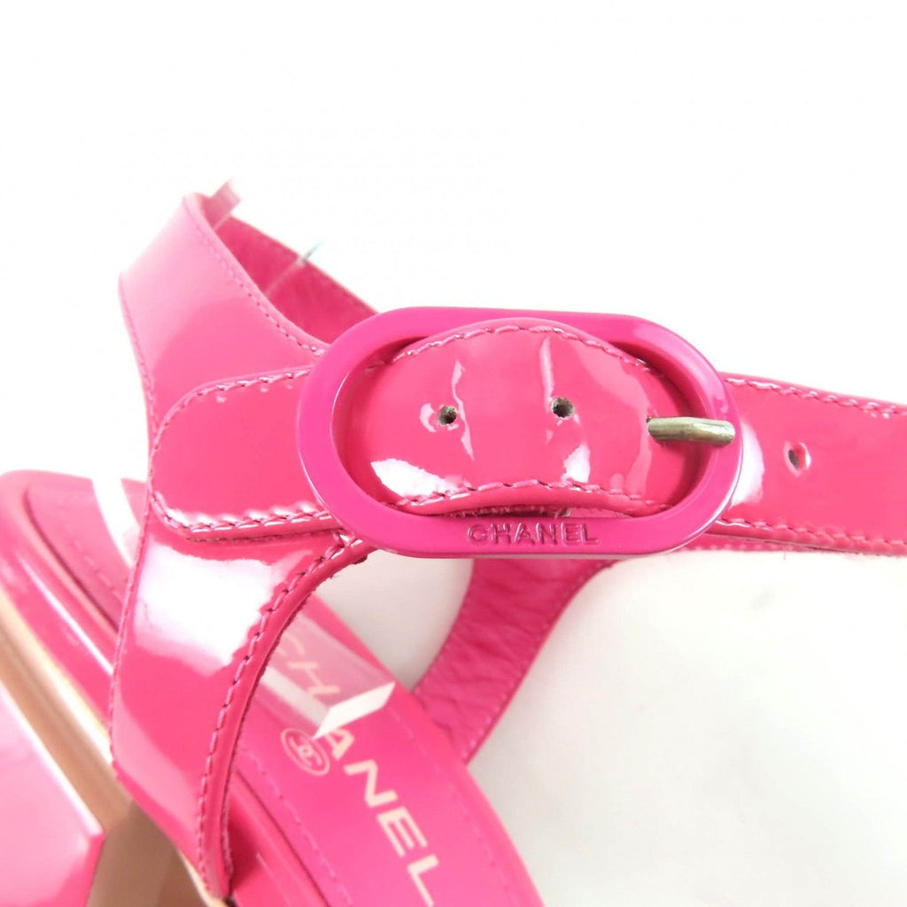 Chanel CC Logo Ankle Strap Chunky Heel Patent Leather Sandals Pink — view 9