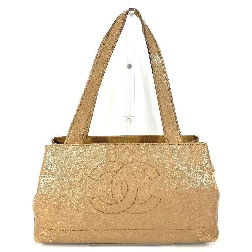 Chanel Shoulder Bag CC Logo Caviar Leather Beige