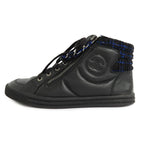 Chanel High Cut Sneakers Chain Double Zip 37 Coco Mark Black Leather