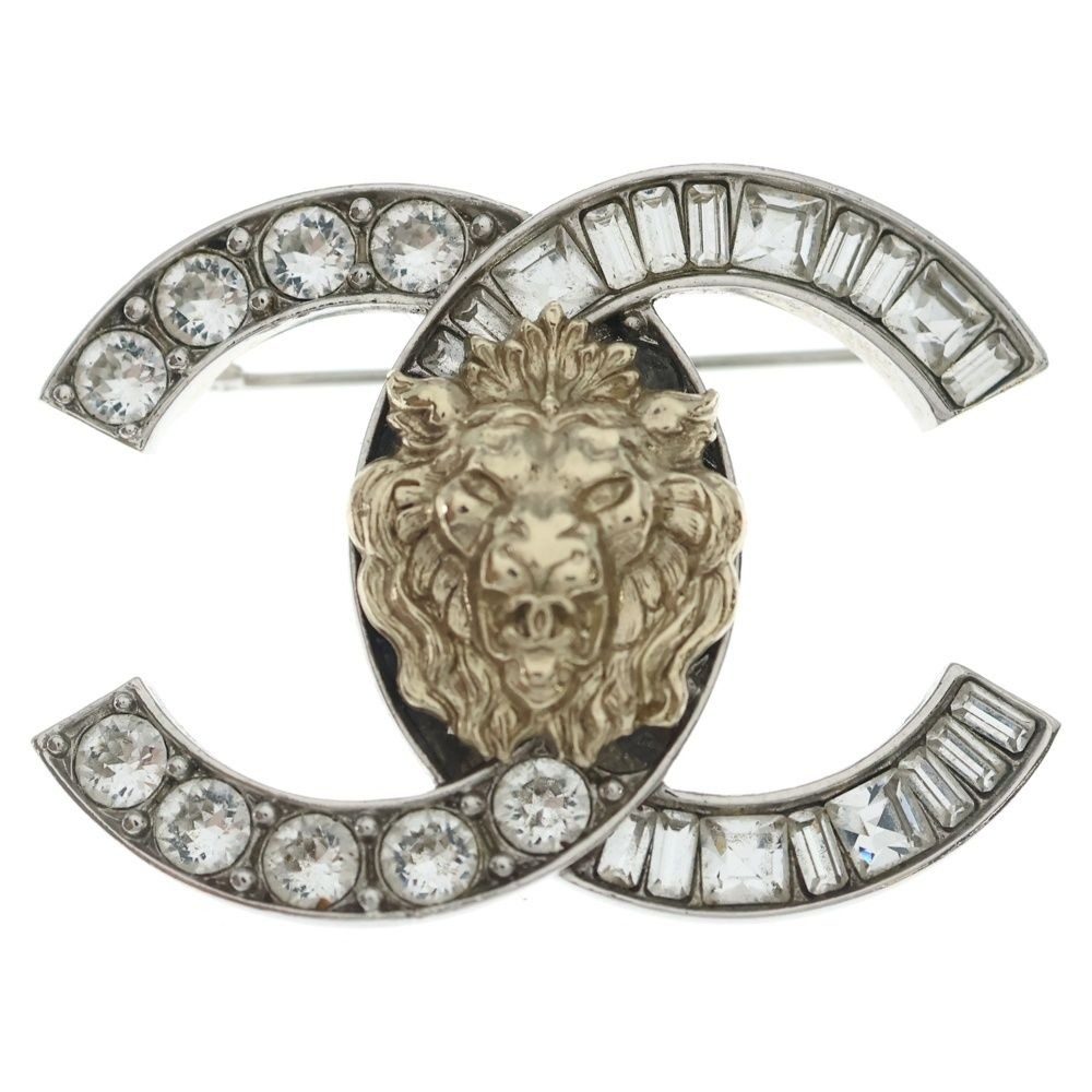Chanel CC Logo Rhinestone Lion Brooch Silver