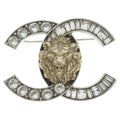 Chanel CC Logo Rhinestone Lion Brooch Silver