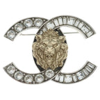 Chanel CC Logo Rhinestone Lion Brooch Silver