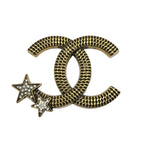 Chanel CC Logo Star Motif Color Stone Clear Gold Black Brooch