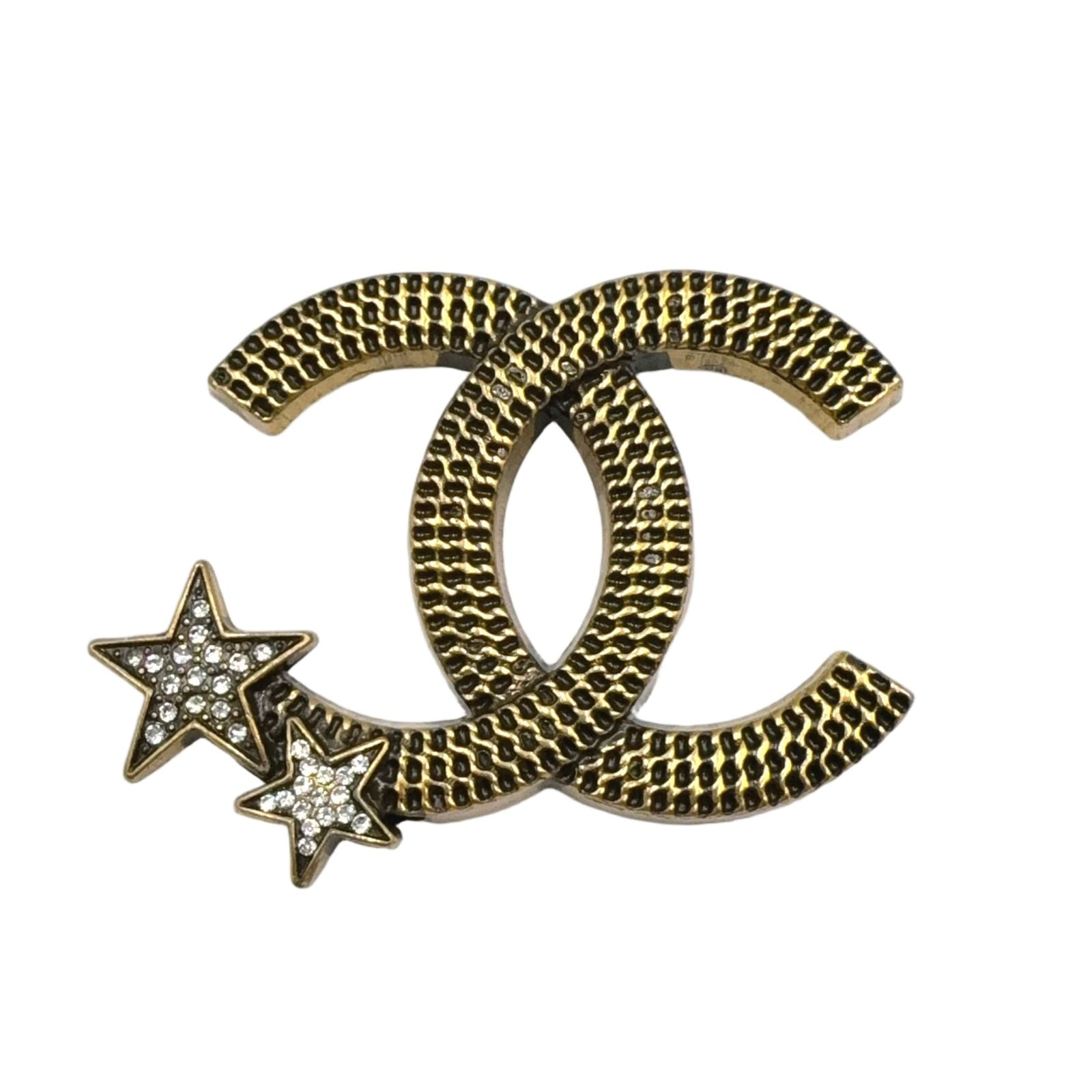 Chanel CC Logo Star Motif Color Stone Clear Gold Black Brooch