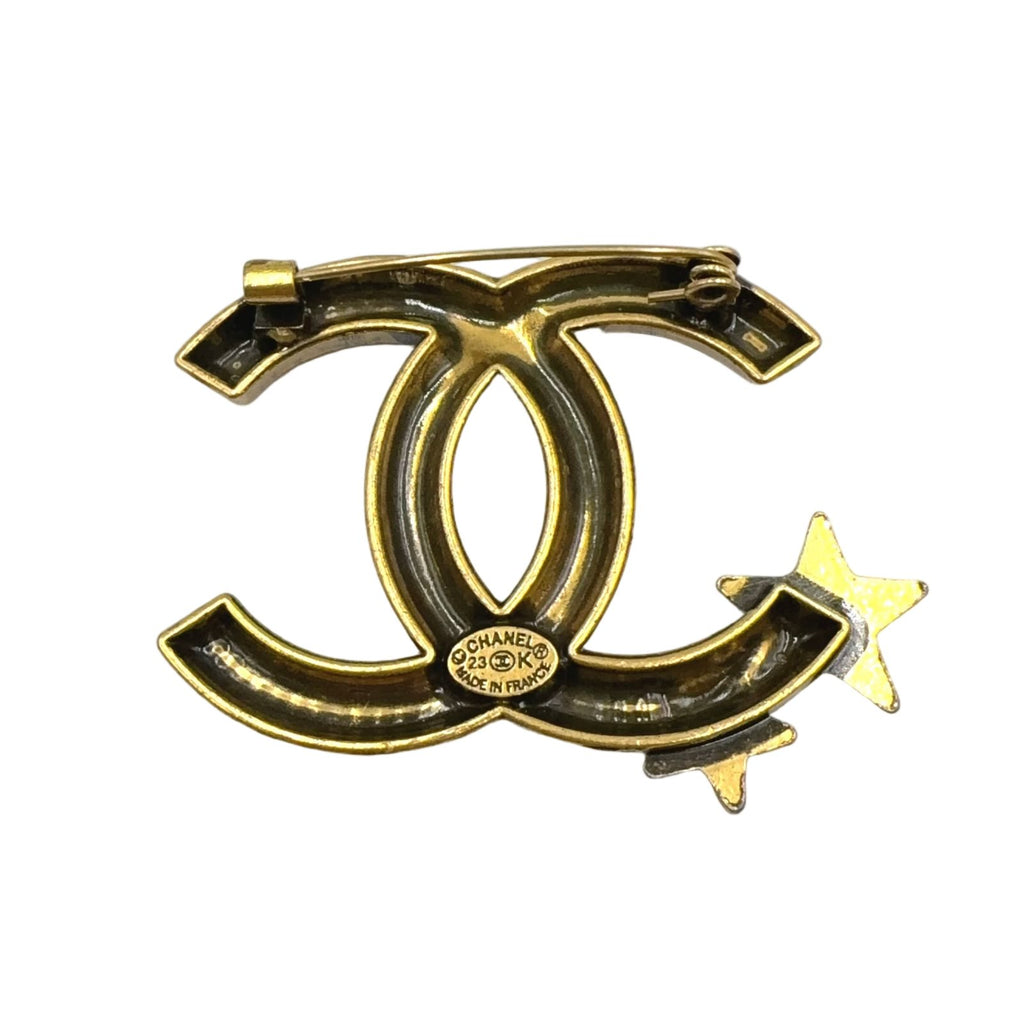 Chanel CC Logo Star Motif Color Stone Clear Gold Black Brooch — view 2