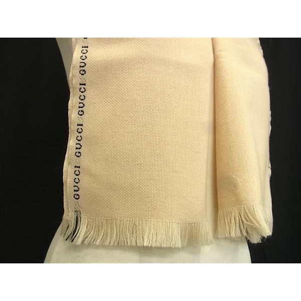 Gucci Scarf Beige Black 100% Wool Logo Fringe — view 3