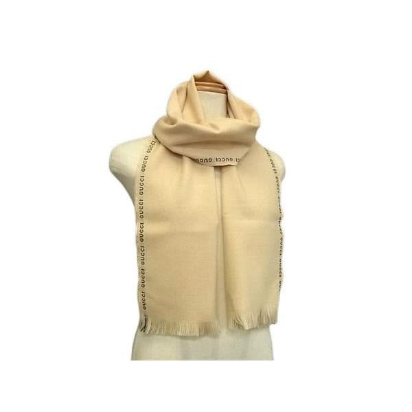Gucci Scarf Beige Black 100% Wool Logo Fringe