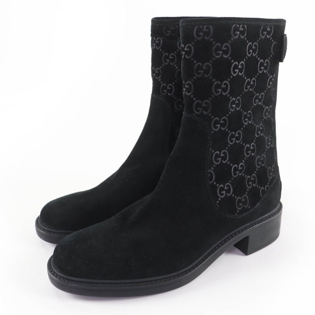 Gucci GG Pattern Back Zip Suede Leather Short Boots Ankle Black 36
