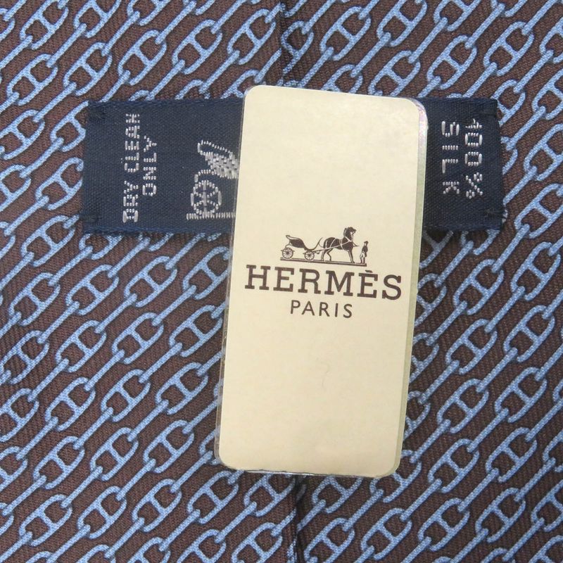 Hermes 5261 SA 100% Silk Chaine Chain All Over Pattern Cravat Wide Tie Brown Marron — view 8