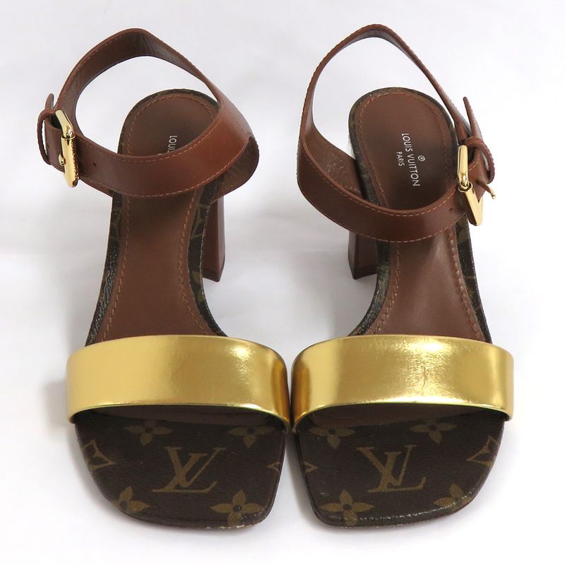 Louis Vuitton Monogram Ankle Strap Heel Sandals Brown Gold 36 1 2 — view 2