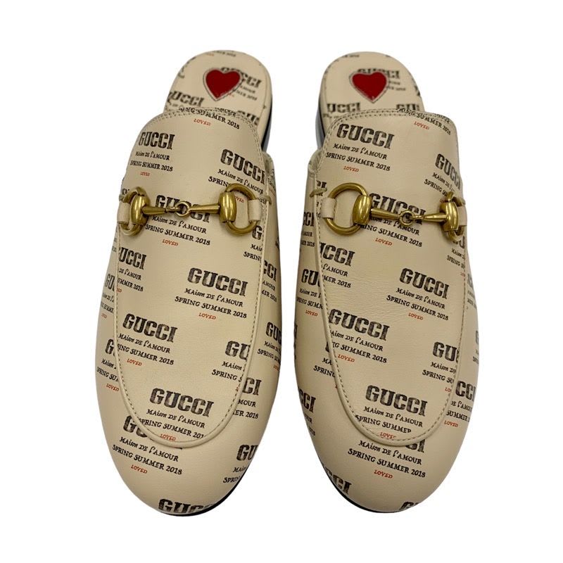 Gucci Prince Town Flat Shoes Leather Beige Red Gold Mule Slipper Sandals — view 2
