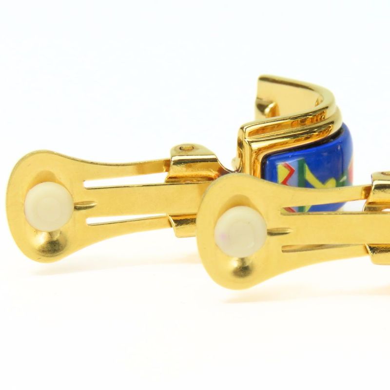 Hermes Earrings Emile Feather Pattern Metal Cloisonne Blue Multicolor Plated — view 8