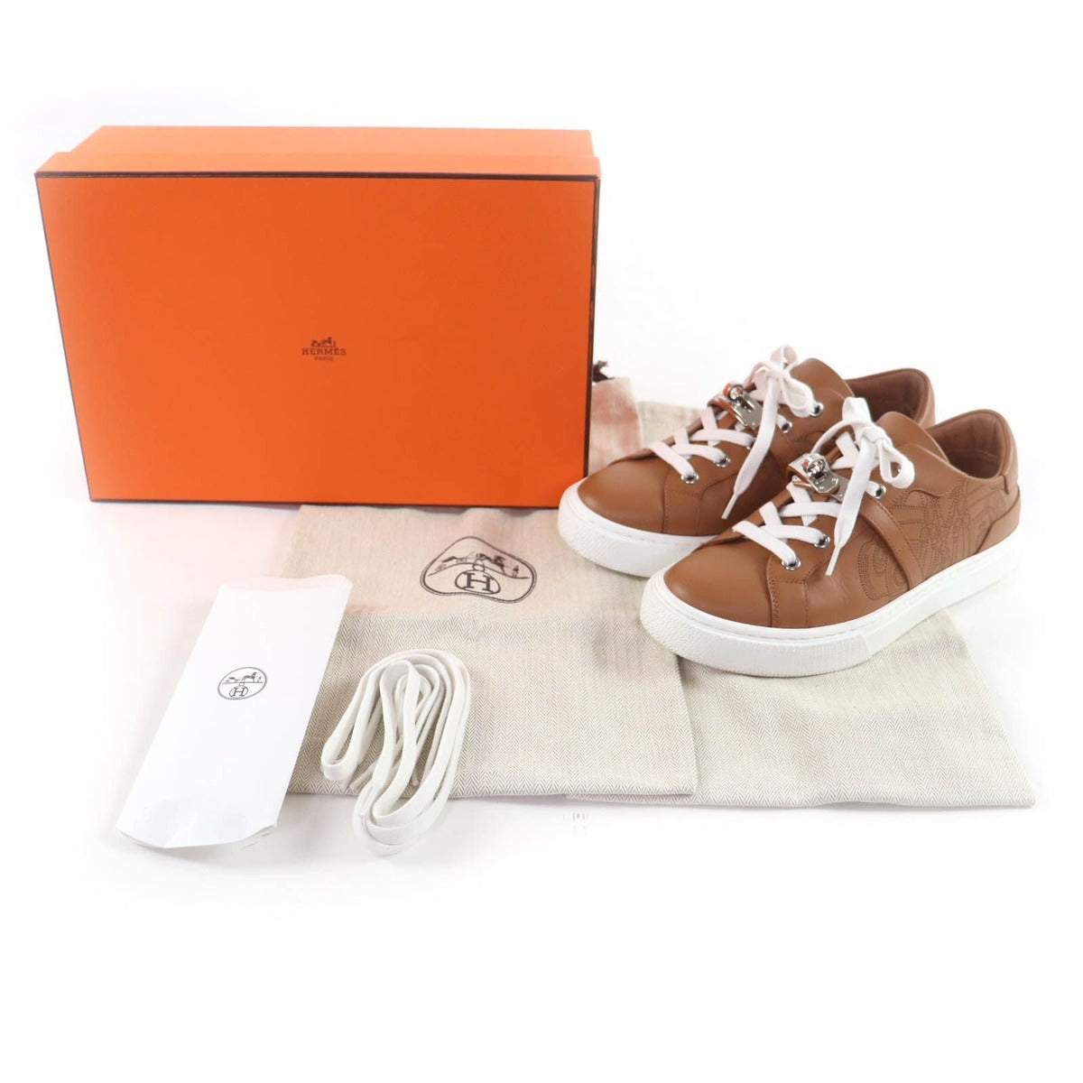 Hermes Day Silver Kelly with Buckle Perforated Lace Up Leather Sneakers Brown — view 2