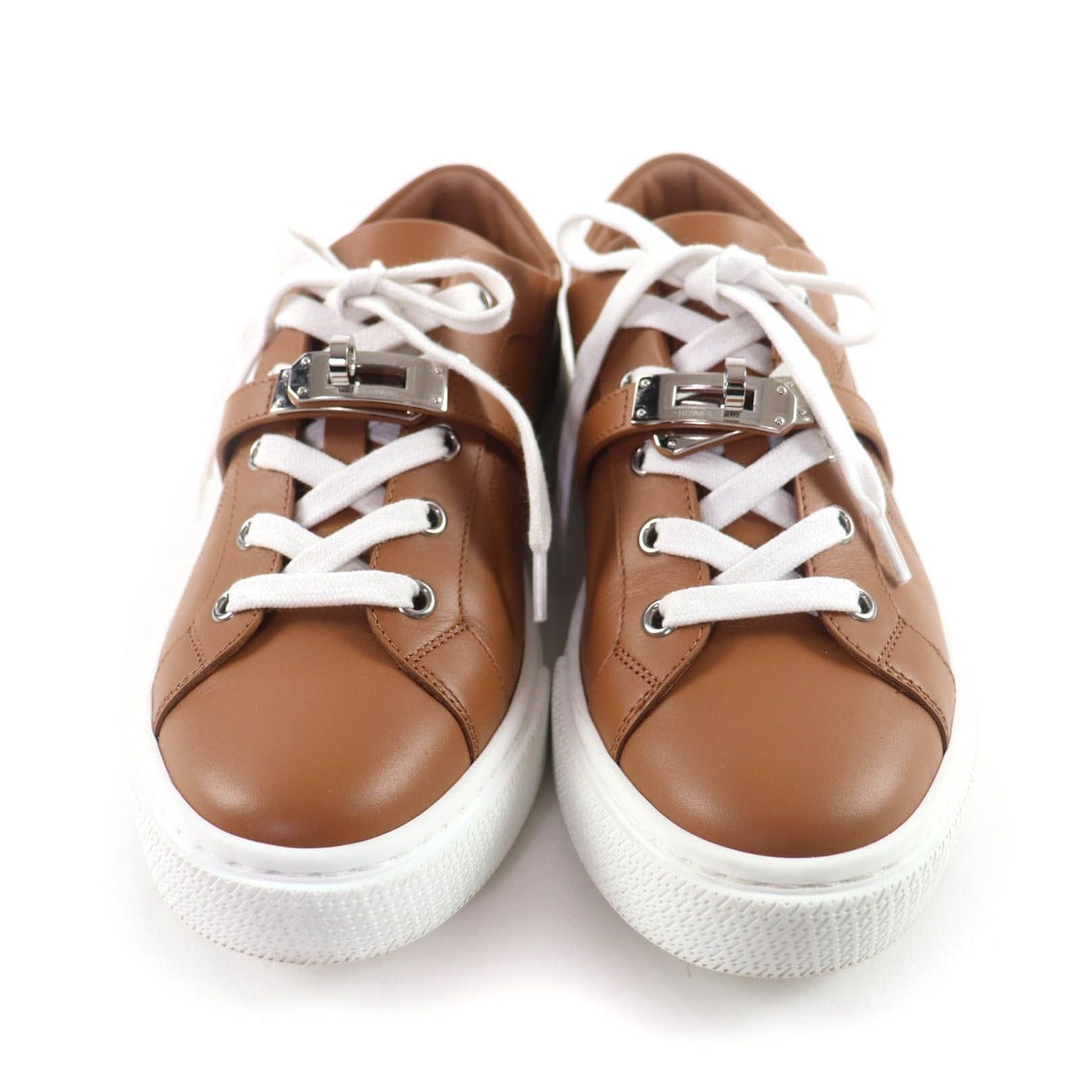 Hermes Day Silver Kelly with Buckle Perforated Lace Up Leather Sneakers Brown — view 4