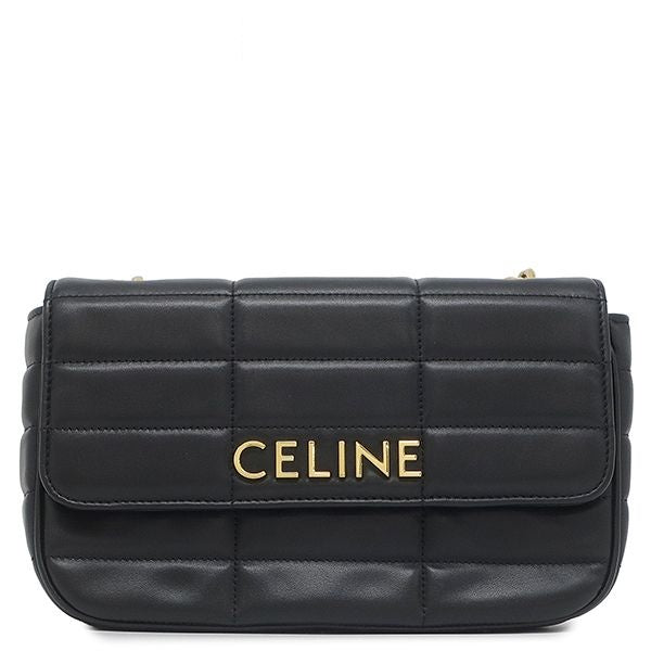 Celine Shoulder Bag Matelasse Monochrome Leather Black Gold Logo Chain