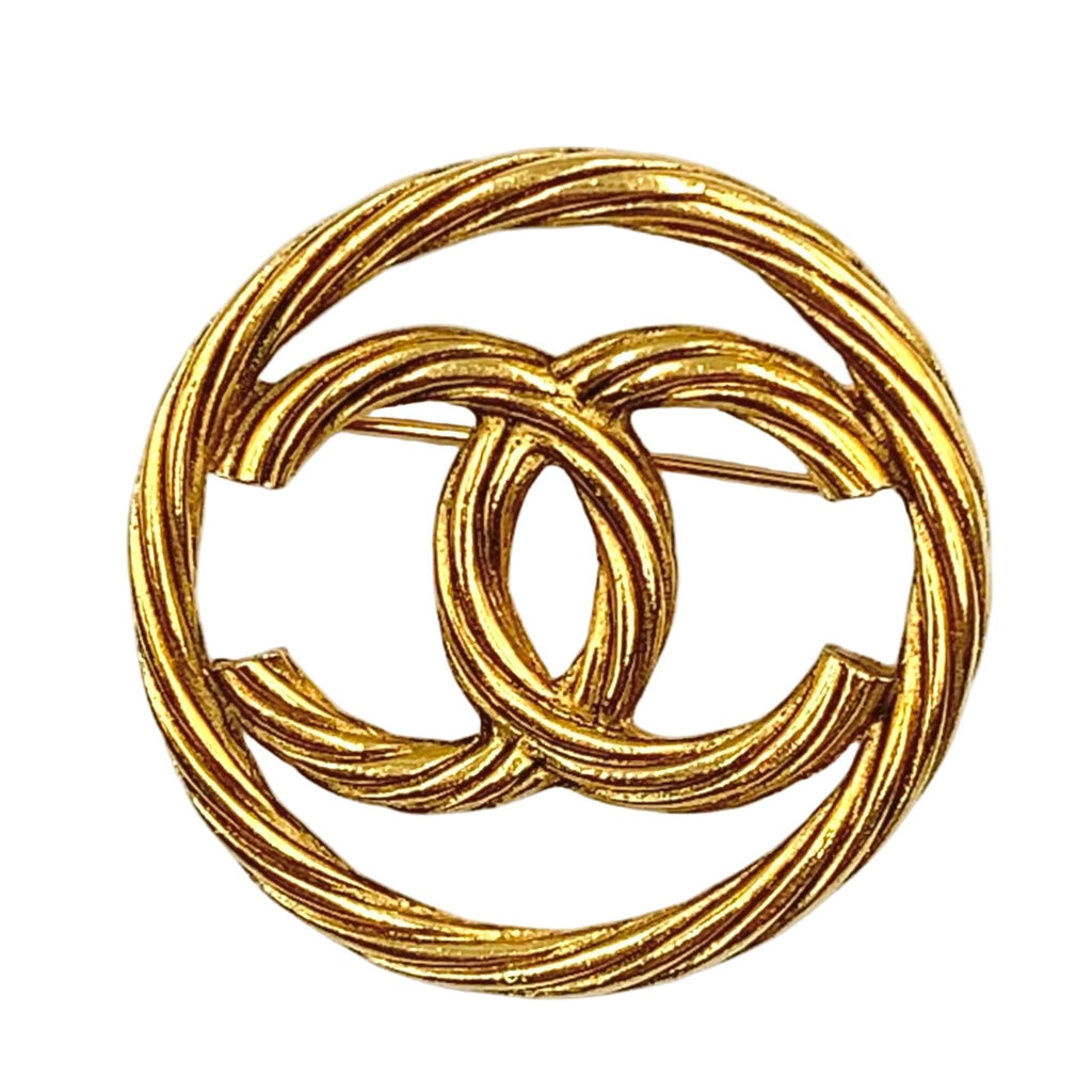 Chanel CC Logo Round Twist Gold Plated Brooch