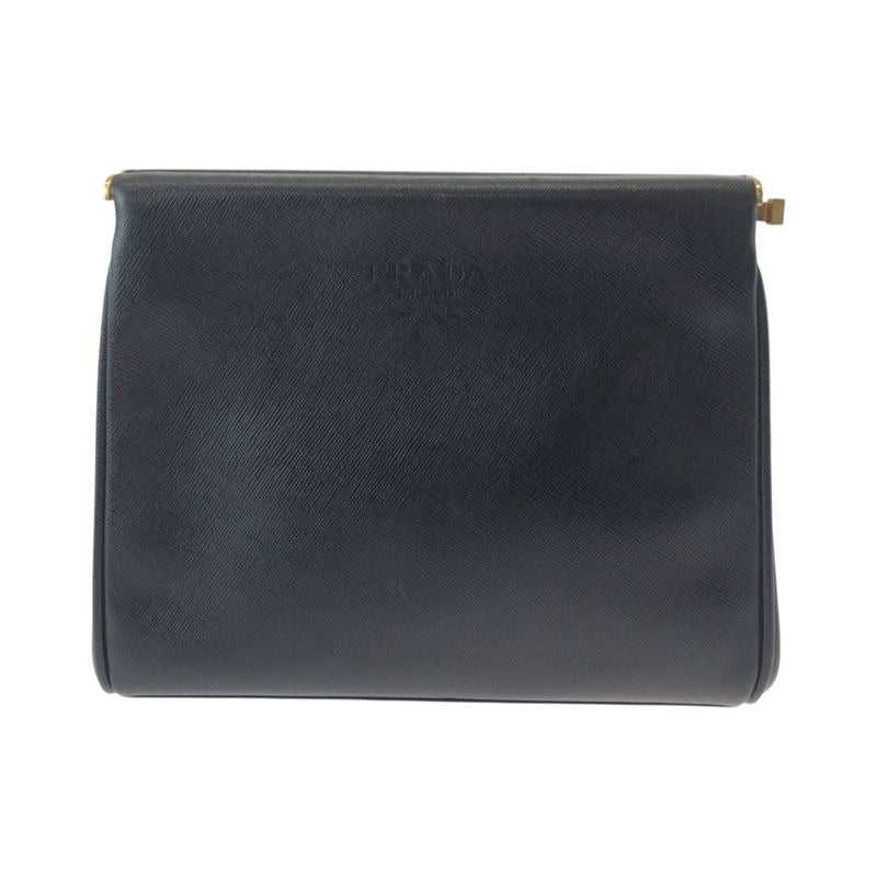 Prada Vintage Saffiano Logo Black Gold Hardware Leather Second Bag Clutch