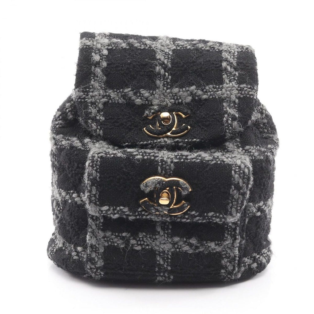 Chanel Backpack CC Logo Black Gray Wool Quilted Chain