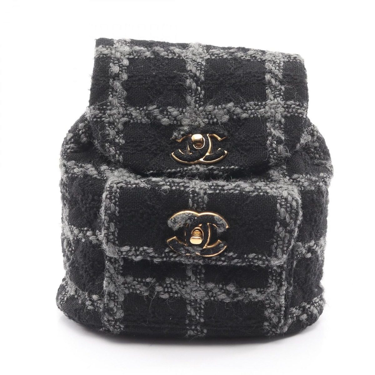 Chanel Backpack CC Logo Black Gray Wool Quilted Chain