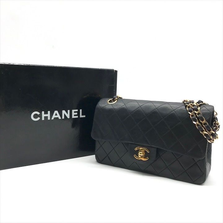 Chanel CC Logo Chain Shoulder Bag Lambskin Double Flap Black