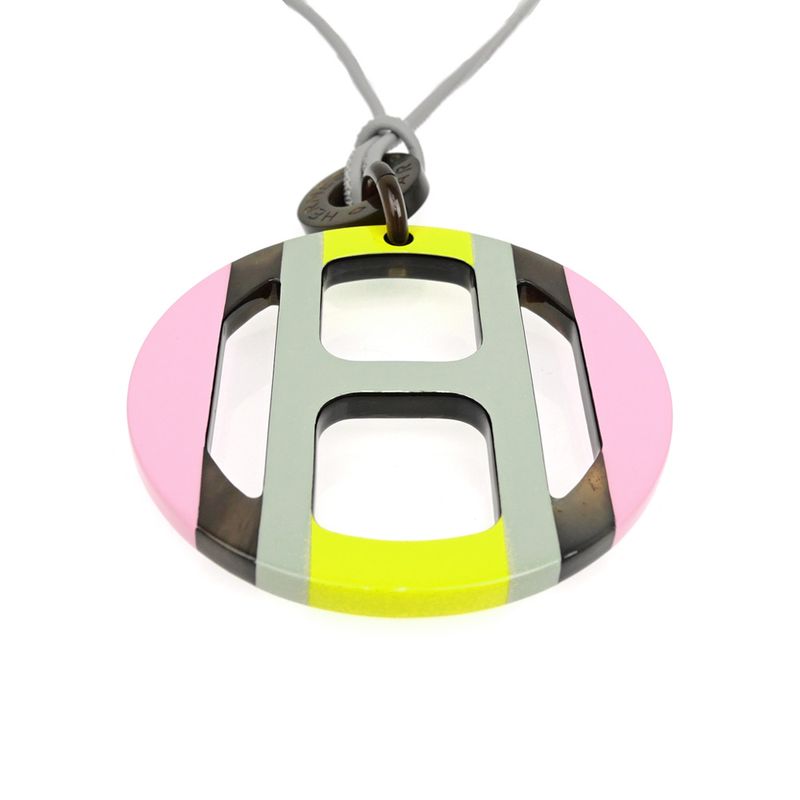 Hermes Necklace H Equipe Buffalo Horn Pink Gray Yellow Pendant — view 6