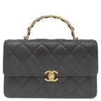 Chanel 2-Way Bag Quilted Top Handle Leather Black Gold CC Logo