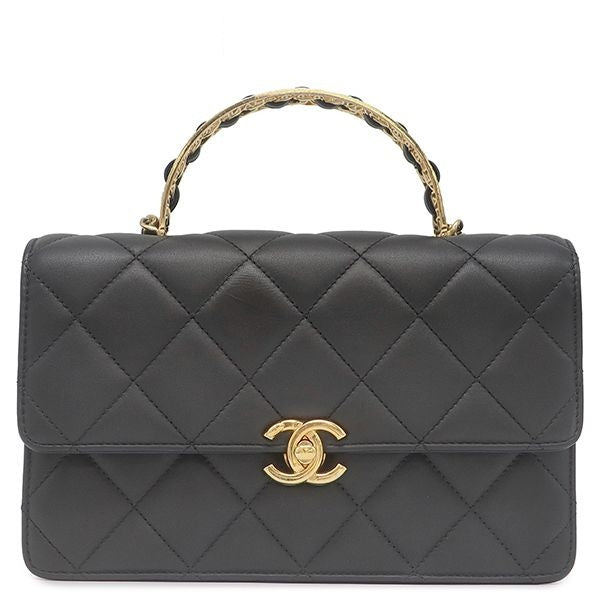 Chanel 2-Way Bag Quilted Top Handle Leather Black Gold CC Logo