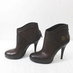 Gucci Short Boots Round Toe High Heel Gold Medal 38 C Brown Leather