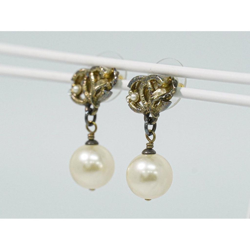 Chanel CC Logo Faux Pearl Earrings Gold Plated White — view 7