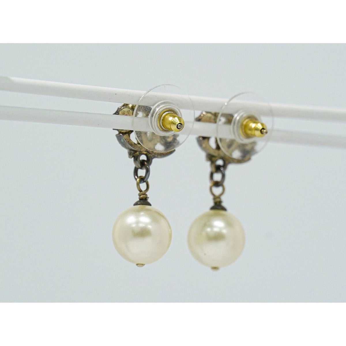 Chanel CC Logo Faux Pearl Earrings Gold Plated White — view 8