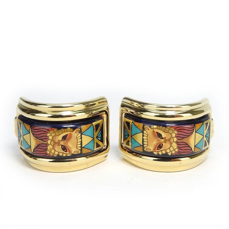 Hermes Earrings Emile Metal Cloisonne Multicolor Gold Navy Blue Lion Accessory