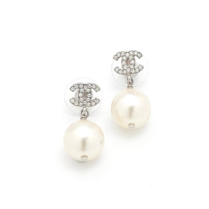 Chanel Earrings Silver CC Logo Rhinestone